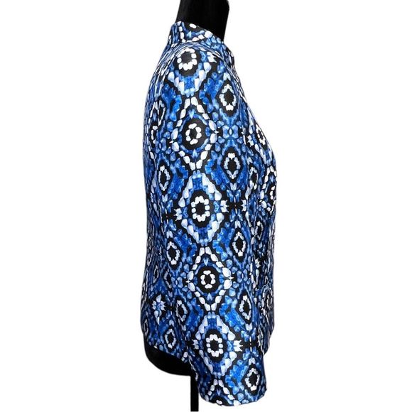 Kasper Cabana Blue Black & White Ikat Open Front Mandarin Collar Blazer Size 8 - Picture 3 of 10